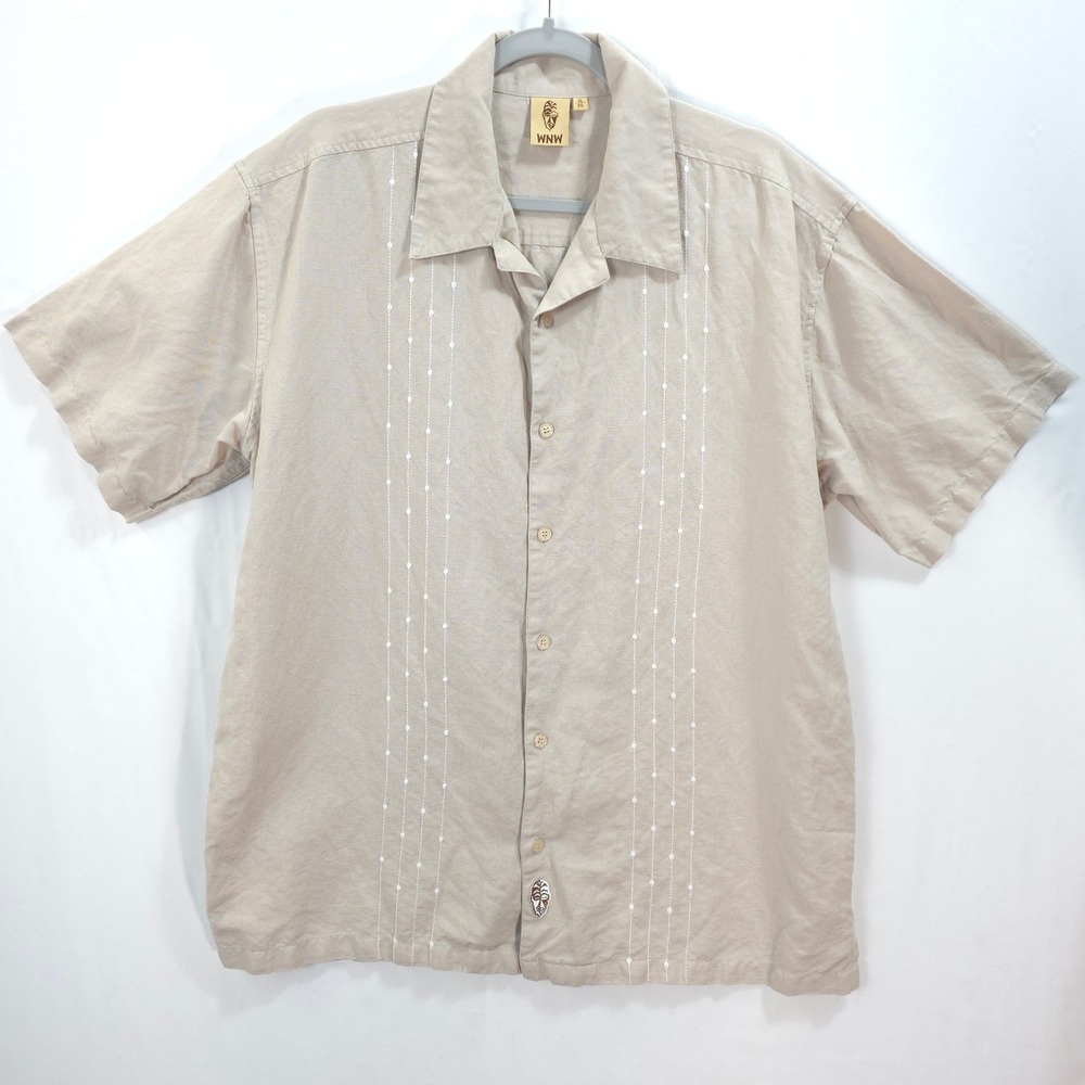 WNW Wayan Button Down Shirt Linen Blend Guayabera Resort Embroidered Beige XL